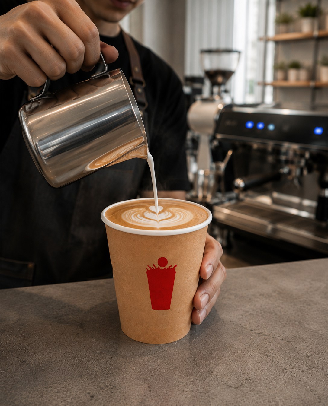 an espresso or pour-over on the bar, steam and warm morning light