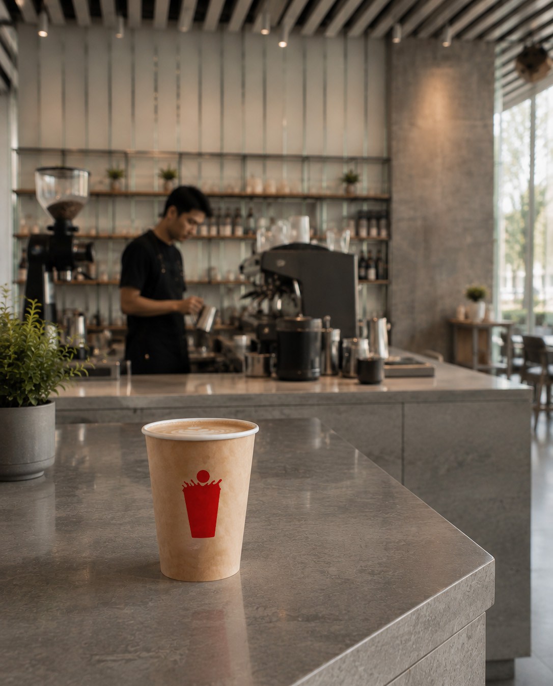 the Red Cup counter, bright and inviting, red cup on the bar